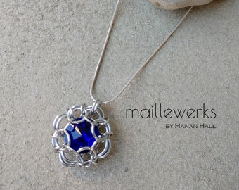 Royal Navy Blue Sapphire Crystal Pendant Necklace, Captured Rivoli Silver Chainmaille Pendant Necklace, Maillewerks by Hanan Hall