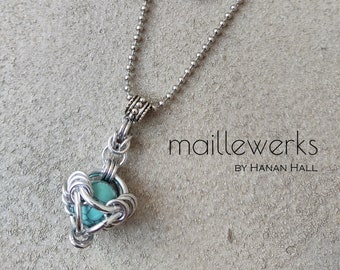 Turquoise & Silver Captured Orb Pendant Necklace, Long Casual Unisex Turquoise Necklace, Maillewerks by Hanan Hall, Chainmaille Orb