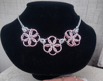 Silver & Copper Triple Flower Blossom Necklace / Chainmaille Flower Necklace / Handcrafted by Hanan Hall / Maillewerks