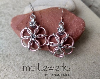 Silver & Copper Rose Gold Chainmaille Earrings / Metal Flower Blossom Earrings / Lightweight Earrings / Hanan Hall Jewelry / Maillewerks