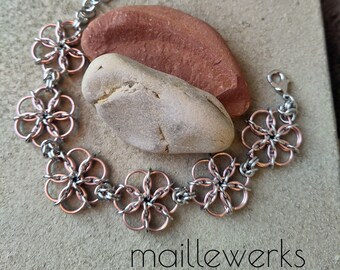 Silver & Light Copper Rose Gold Flower Bracelet / Large Blossom / Chainmaille Flower Bracelet / Handcrafted by Hanan Hall / Maillewerks