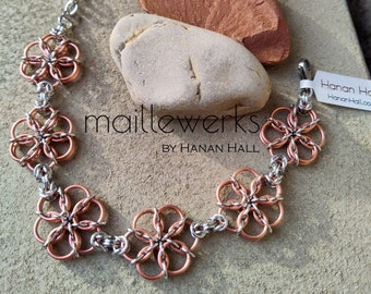 Silver & Copper Rose Gold Flower Blossom Bracelet / Chainmaille Flower Bracelet / Handcrafted by Hanan Hall / Maillewerks