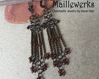 Long Bronze Copper Earrings Gunmetal Chandelier Chainmaille Fringed Medieval Renaissance Wedding Boho Beaded Chain Mail Jewelry Jewellery