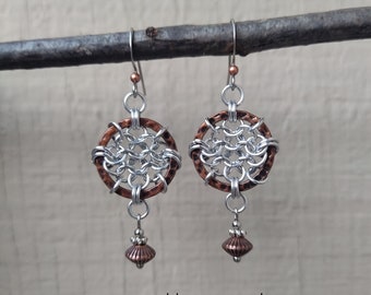 Mixed Metal Chainmaille Dreamcatcher Earrings in Antiqued Copper & Silver Handcrafted by Hanan Hall Maillewerks Jewelry