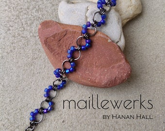 Peacock Blue Iris Glass & Gunmetal Chainmaille Chain Mail Link Bracelet Made in USA Handcrafted Hanan Hall Maillewers Jewelry Jewellery