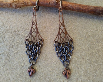 Antiqued Copper Leaf & Black Gunmetal Chainmaille Earrings Long Chandelier Gothic Medieval Renaissance Costume Rustic Chain Mail Jewelry