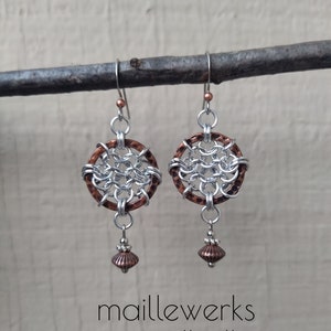 Mixed Metal Chainmaille Dreamcatcher Earrings in Antiqued Copper & Silver Handcrafted by Hanan Hall Maillewerks Jewelry image 1