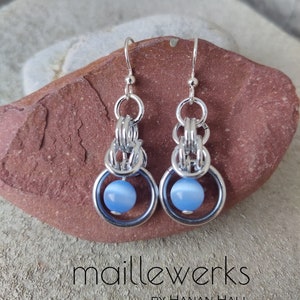 Light Blue Sapphire Cat's Eye Glass & Bright Silver Earrings Geometric Chainmaille Dangle Renaissance Medieval Hanan Hall Maillewerks image 1