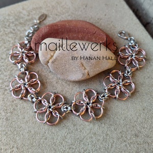 Silver & Light Copper Rose Gold Flower Bracelet / Large Blossom / Chainmaille Flower Bracelet / Handcrafted by Hanan Hall / Maillewerks image 3