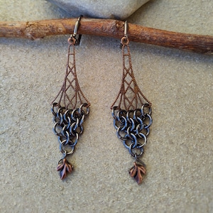 Antiqued Copper Leaf & Black Gunmetal Chainmaille Earrings Long Chandelier Gothic Medieval Renaissance Costume Rustic Chain Mail Jewelry image 1