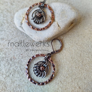 Mixed Metal Chainmaille Hoop Drop Earrings in Antiqued Copper & Antiqued Gunmetal Silver Handcrafted by Hanan Hall Maillewerks Jewelry image 1