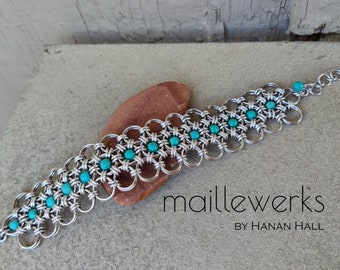 Wide Silver & Turquoise Stone Bracelet / Wide Silver Chainmaille Cuff Bracelet / Renaissance Medieval Jewelry / Maillewerks / Hanan Hall