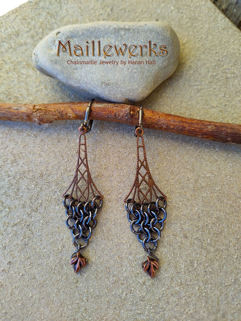 Antiqued Copper Leaf & Black Gunmetal Chainmaille Earrings Long Chandelier Gothic Medieval Renaissance Costume Rustic Chain Mail Jewelry image 3