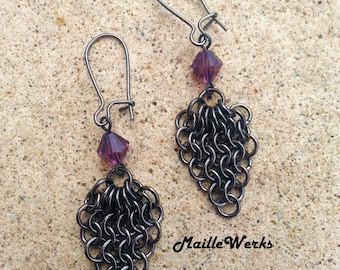 Amethyst Micro Chainmaille Earrings / Austrian Crystal Earrings / Amethyst Earrings / Chainmail Crystal Earrings / Amethyst Chainmaille