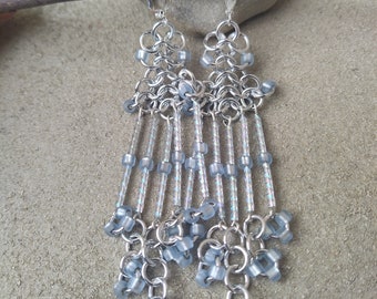 Light Sapphire Baby Blue & Bright Silver Chandelier Beaded Chainmaille Long Fringe Earrings Renaissace Medieval Theme Wedding Hanan Hall