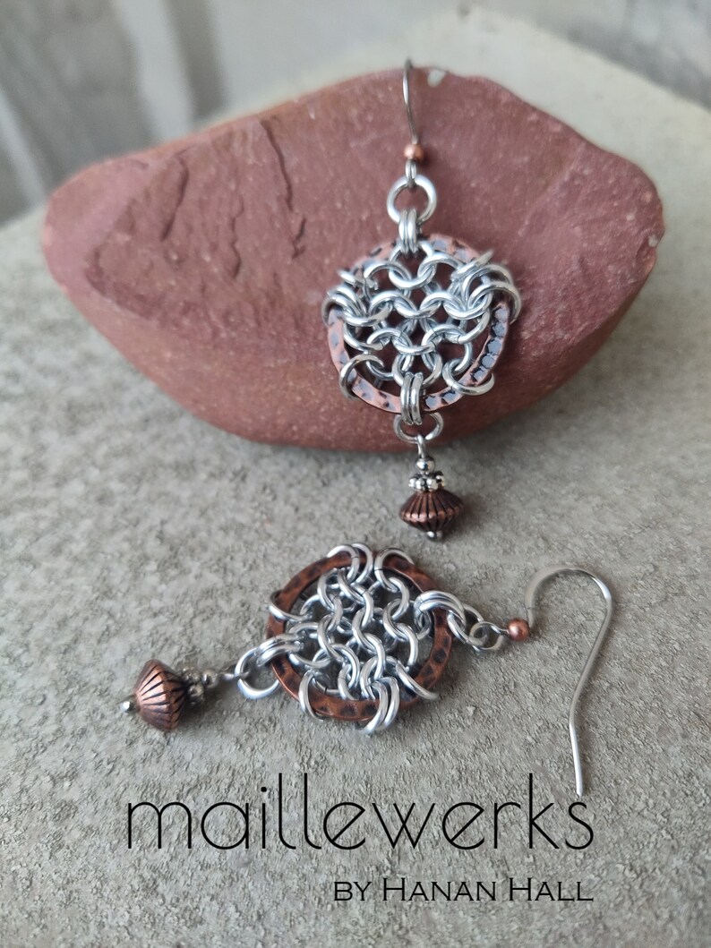 Mixed Metal Chainmaille Dreamcatcher Earrings in Antiqued Copper & Silver Handcrafted by Hanan Hall Maillewerks Jewelry image 9