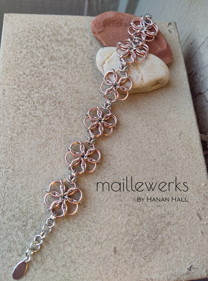 Silver & Light Copper Rose Gold Flower Bracelet / Large Blossom / Chainmaille Flower Bracelet / Handcrafted by Hanan Hall / Maillewerks image 7