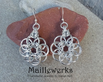 Bright Silver Geometric Chainmaille  Earrings Biker Girl Chic Industrial Rustic Renaissance Medieval Hanan Hall Jewelry