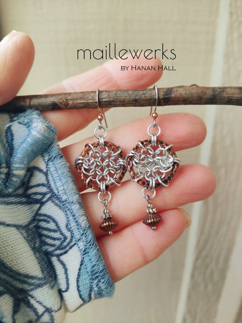 Mixed Metal Chainmaille Dreamcatcher Earrings in Antiqued Copper & Silver Handcrafted by Hanan Hall Maillewerks Jewelry image 7