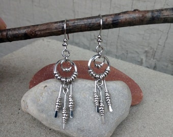 Palladium Silver Glass & Silver Stainless Steel Dangle Drop Earrings, Dreamcatcher Southwest Earrings, Hanan Hall Jewelry, Maillewerks