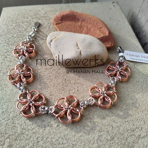 Silver & Copper Rose Gold Flower Blossom Bracelet / Chainmaille Flower Bracelet / Handcrafted by Hanan Hall / Maillewerks image 5