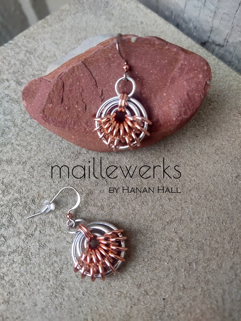 Art Deco Silver & Copper Chainmaille Earrings / Lightweight Aluminum Geometric / Hanan Hall Jewelry / Maillewerks / Chain Mail Jewellery image 1