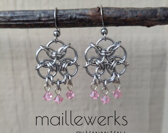 Light Pink Crystal & Silver Chainmaille Flower Dangle Earrings  Lightweight / Renaissance Medieval / Hanan Hall Jewelry Maillewerks