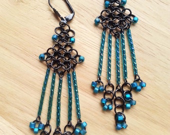 Teal Chainmaille Chandelier Earrings, Gunmetal Fringe, Handcrafted Jewelry