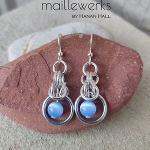 Light Blue Sapphire Cat's Eye Glass & Bright Silver Earrings Geometric Chainmaille Dangle Renaissance Medieval Hanan Hall Maillewerks image 5