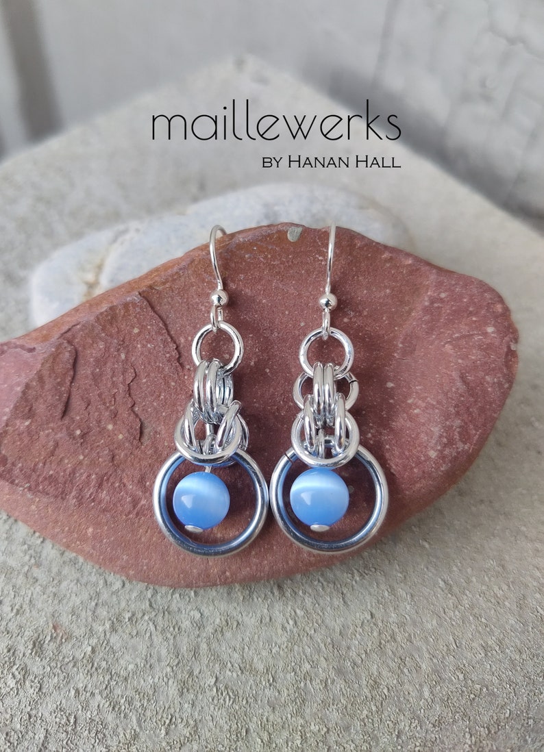 Light Blue Sapphire Cat's Eye Glass & Bright Silver Earrings Geometric Chainmaille Dangle Renaissance Medieval Hanan Hall Maillewerks image 5