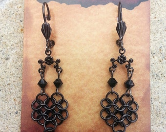 Jet Black Swarovski Austrian Crystal & Gunmetal Black Earrings, Renaissance Medieval Chainmaille Earrings Jewelry Chain Mail Jewellery