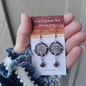 Mixed Metal Chainmaille Dreamcatcher Earrings in Antiqued Copper & Silver Handcrafted by Hanan Hall Maillewerks Jewelry image 2