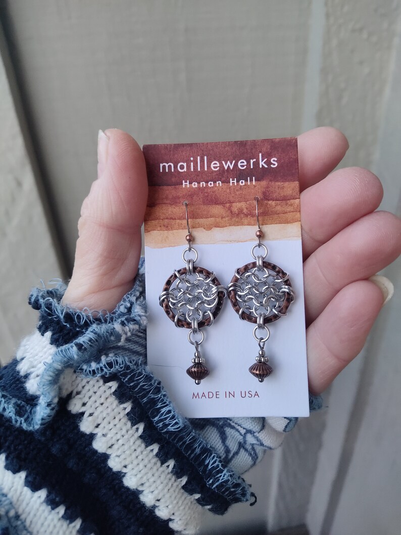 Mixed Metal Chainmaille Dreamcatcher Earrings in Antiqued Copper & Silver Handcrafted by Hanan Hall Maillewerks Jewelry image 2
