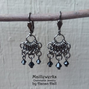 Jet Black Swarovski Austrian Crystal & Gunmetal Chainmaille Earrings, Renaissance Medieval Black Earrings Jewelry Chain Mail Jewellery