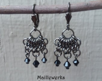 Jet Black Swarovski Austrian Crystal & Gunmetal Chainmaille Earrings, Renaissance Medieval Black Earrings Jewelry Chain Mail Jewellery