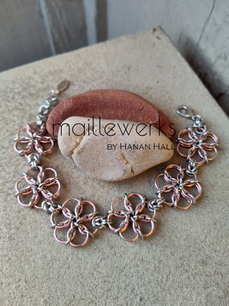 Silver & Light Copper Rose Gold Flower Bracelet / Large Blossom / Chainmaille Flower Bracelet / Handcrafted by Hanan Hall / Maillewerks image 3