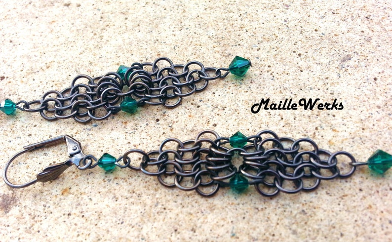 Emerald Green Swarovski Austrian Lead Crystal Micro Chainmaille Earrings / Emerald Green May Birthday Wedding Anniversary Earrings Jewelry image 2