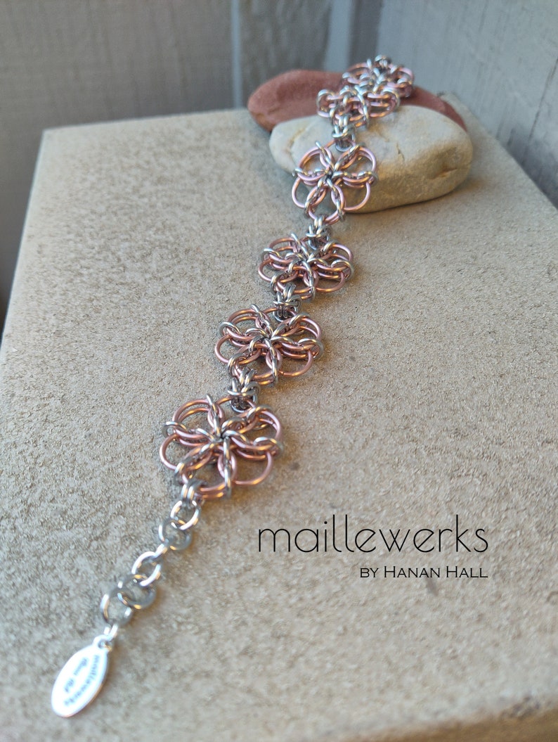 Silver & Light Copper Rose Gold Flower Bracelet / Large Blossom / Chainmaille Flower Bracelet / Handcrafted by Hanan Hall / Maillewerks image 2