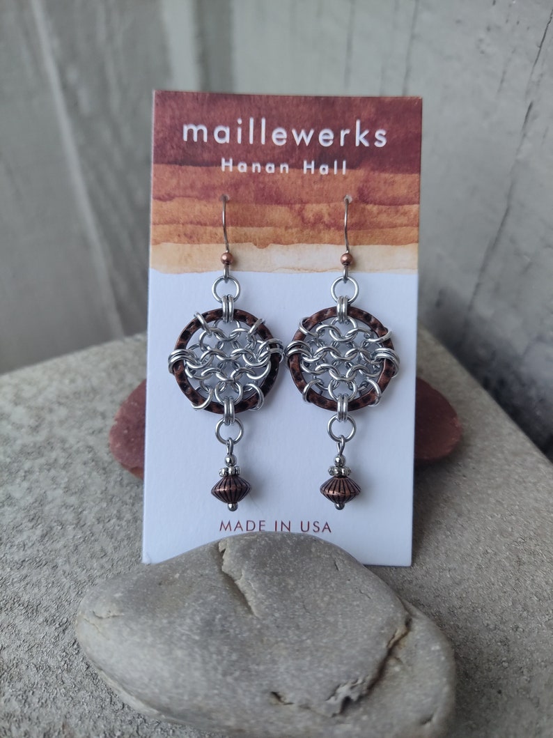 Mixed Metal Chainmaille Dreamcatcher Earrings in Antiqued Copper & Silver Handcrafted by Hanan Hall Maillewerks Jewelry image 6