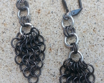 Black Gunmetal & Silver Chainmaille  Chandelier Earrings,  Renaissance Medieval Earrings Jewelry, Hanan Hall Jewelry