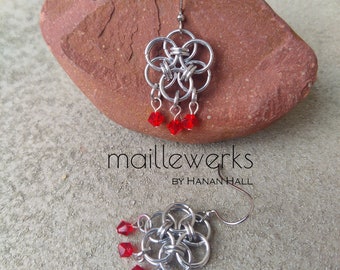 Red Crystal & Silver Chainmaille Flower Dangle Earrings / Lightweight Earrings / Renaissance Medieval / Hanan Hall Jewelry / Maillewerks