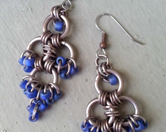 Long Royal Cobalt Blue & Bronze Chainmaille Earrings, Big Lightweight Blue Chandelier Beaded Earrings - Hanan Hall Jewelry Maillewerks