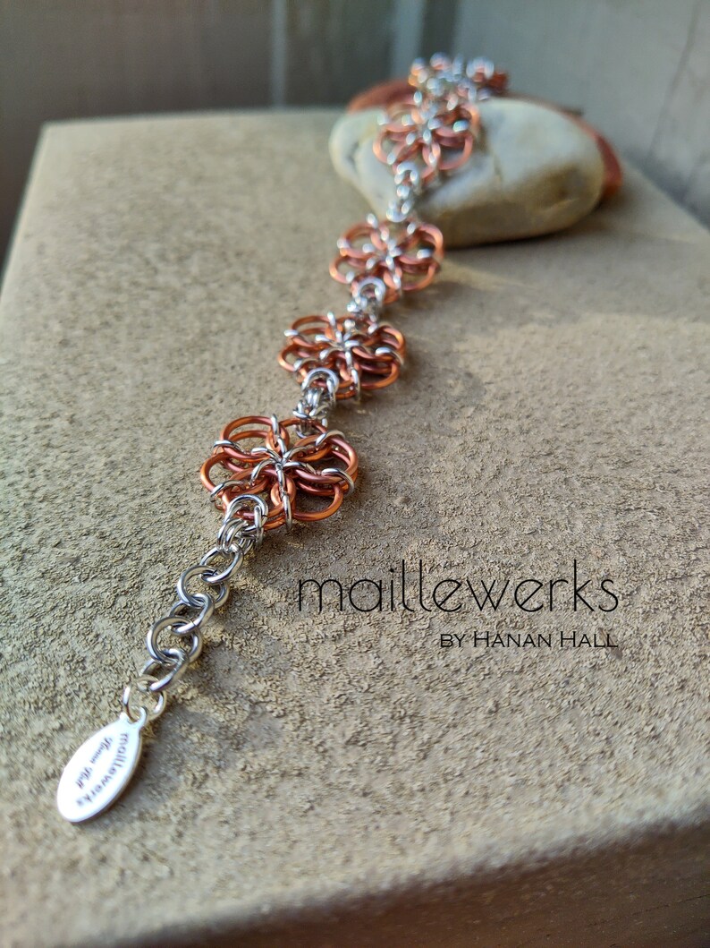 Silver & Copper Rose Gold Flower Blossom Bracelet / Chainmaille Flower Bracelet / Handcrafted by Hanan Hall / Maillewerks image 3
