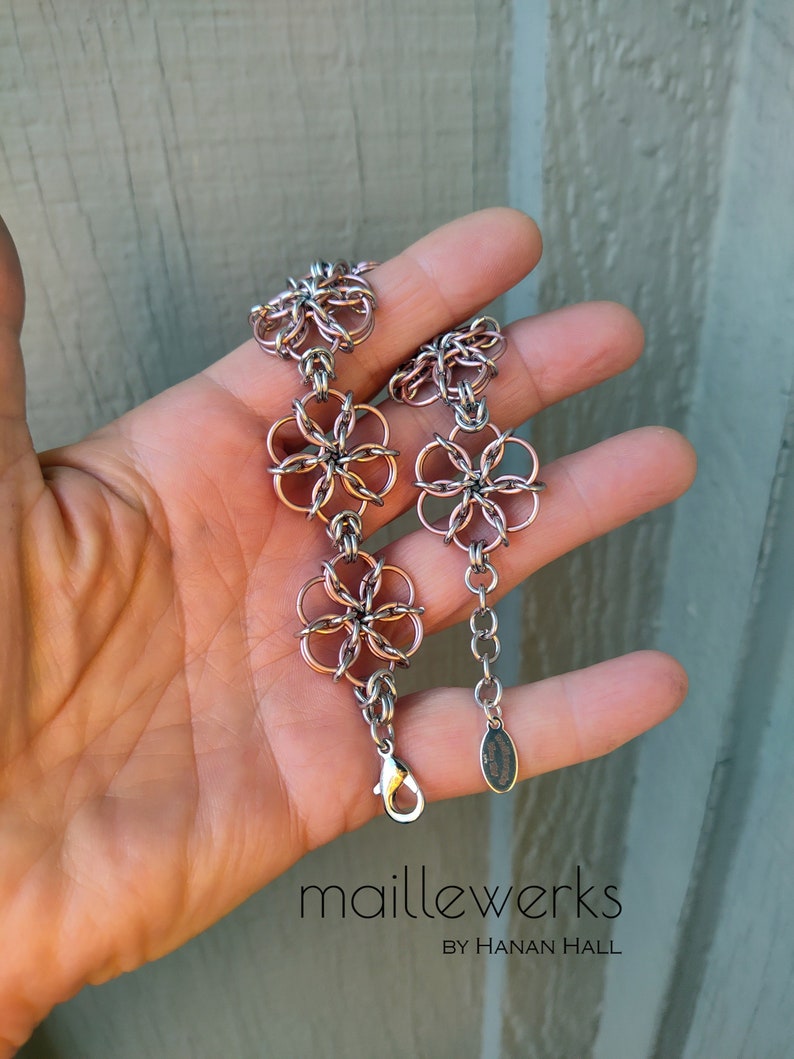 Silver & Light Copper Rose Gold Flower Bracelet / Large Blossom / Chainmaille Flower Bracelet / Handcrafted by Hanan Hall / Maillewerks image 6