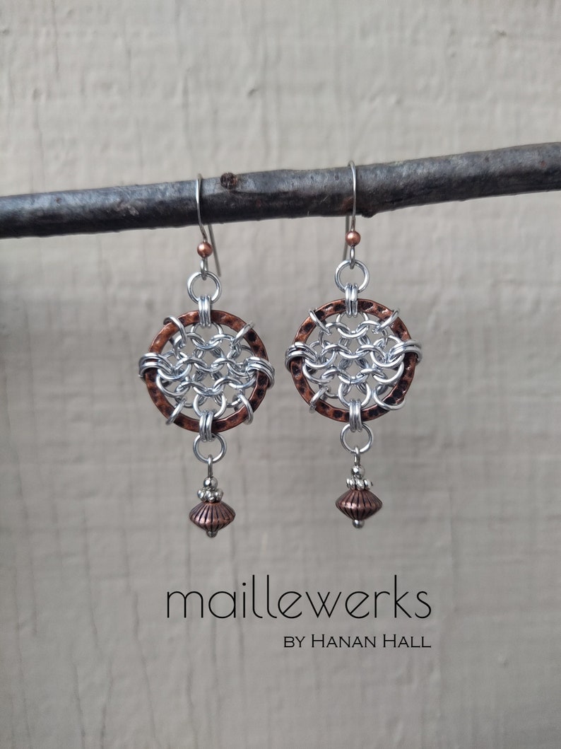 Mixed Metal Chainmaille Dreamcatcher Earrings in Antiqued Copper & Silver Handcrafted by Hanan Hall Maillewerks Jewelry image 1