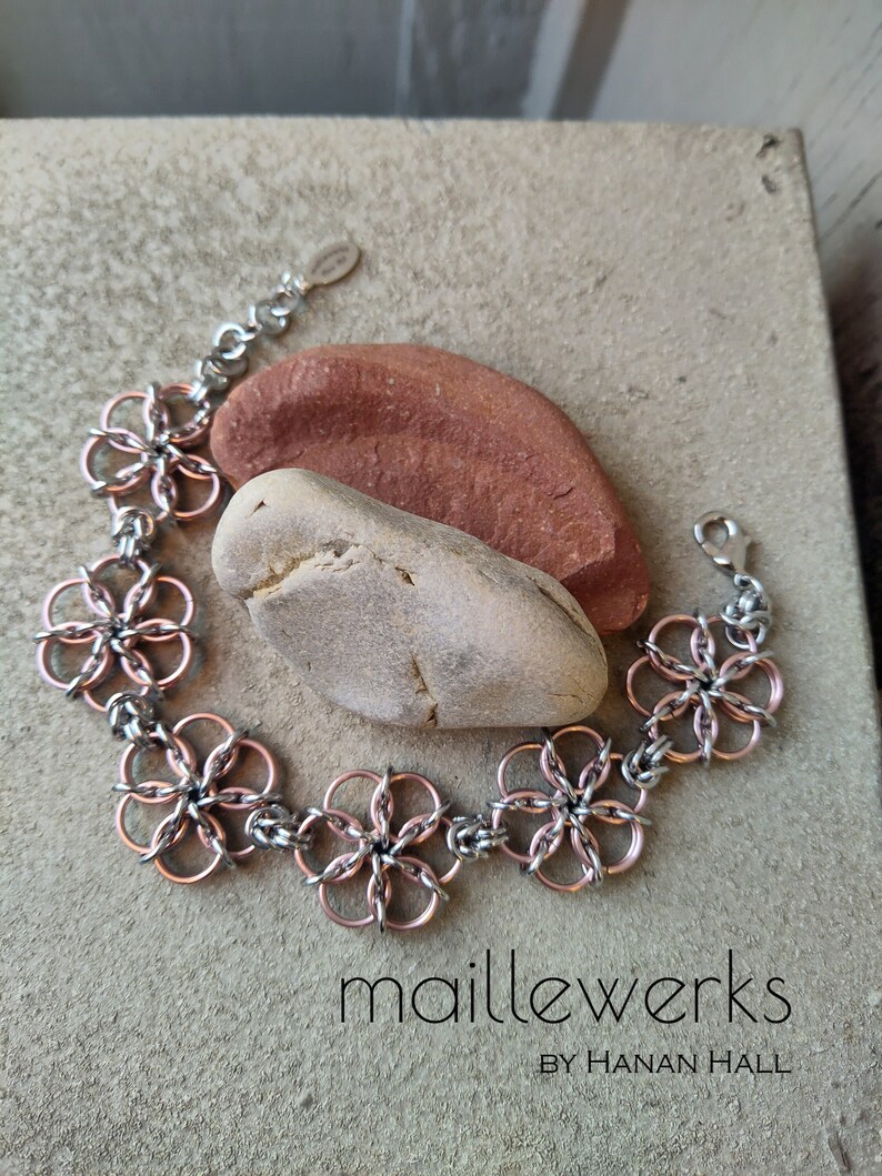 Silver & Light Copper Rose Gold Flower Bracelet / Large Blossom / Chainmaille Flower Bracelet / Handcrafted by Hanan Hall / Maillewerks image 1