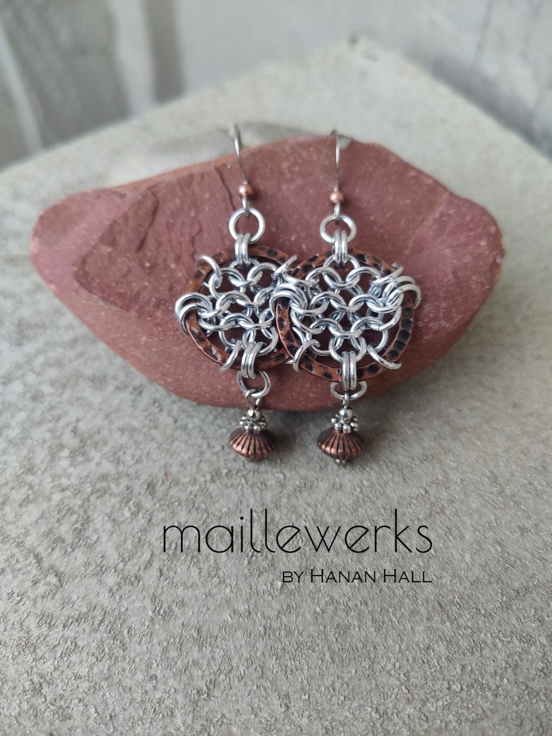 Mixed Metal Chainmaille Dreamcatcher Earrings in Antiqued Copper & Silver Handcrafted by Hanan Hall Maillewerks Jewelry image 8