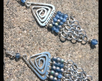 Denim Blue Glass Chandelier Earrings, Long Lightweight Chainmaille Earrings, Handmade Chain Mail Earrings, Hanan Hall Jewelry, Maillewerks