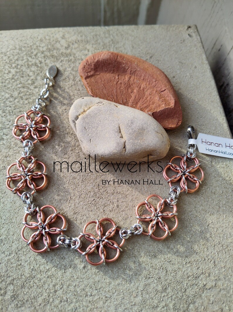 Silver & Copper Rose Gold Flower Blossom Bracelet / Chainmaille Flower Bracelet / Handcrafted by Hanan Hall / Maillewerks image 1