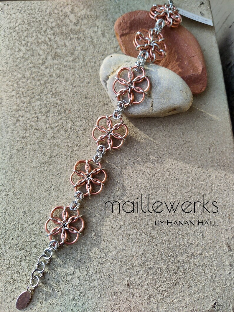 Silver & Copper Rose Gold Flower Blossom Bracelet / Chainmaille Flower Bracelet / Handcrafted by Hanan Hall / Maillewerks image 2